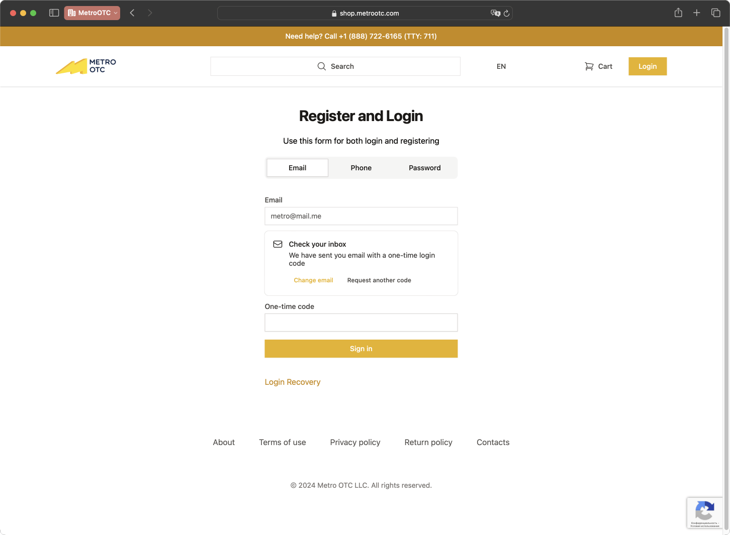 Metro OTC login page